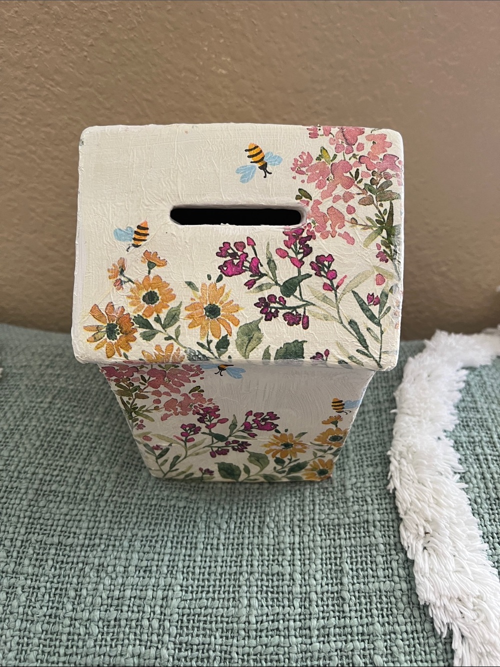 Floral Bee Decorative ceramic coin/Money Box - Cream and Yellow